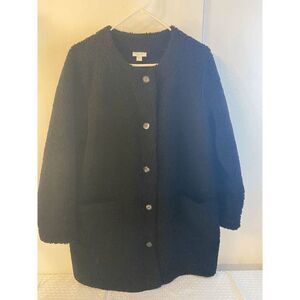 Pure Jill Black Fuzzy Coat Large Petite LP Big Buttons #97641